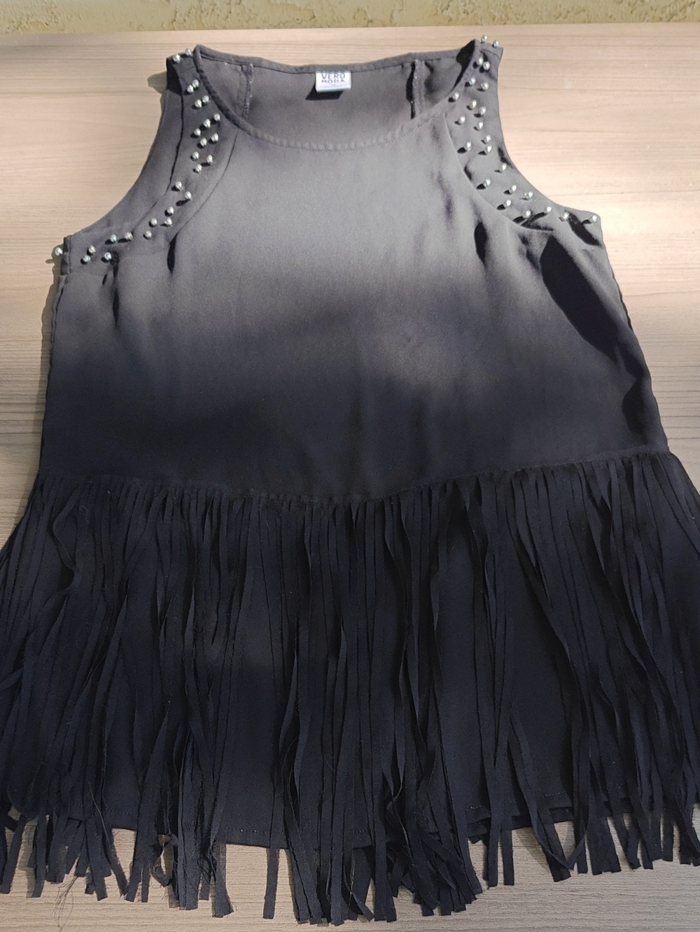 Vero Moda Black Sleeveless Fringe Tank with Silver Studs